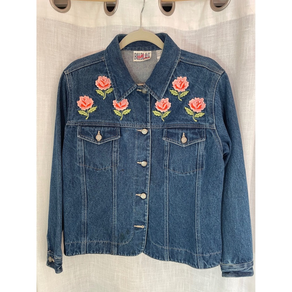 Vintage Bill Blass Jeans Denim Jacket‎ Size PM Blue Embroidered Rose Detail EUC